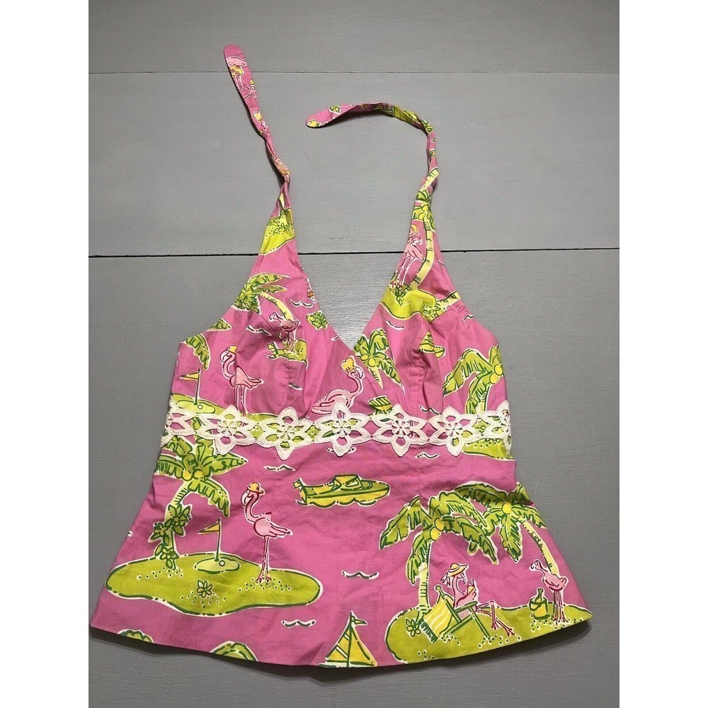 Lilly Pulitzer Halter Top Size 2 Pink Flamingo Island Vacation Cruise Boating - Picture 9 of 10